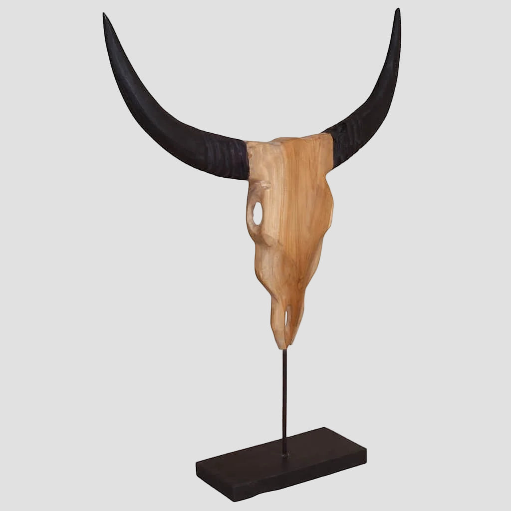 Sculpture de crâne de taureau teck 66x15x88 cm