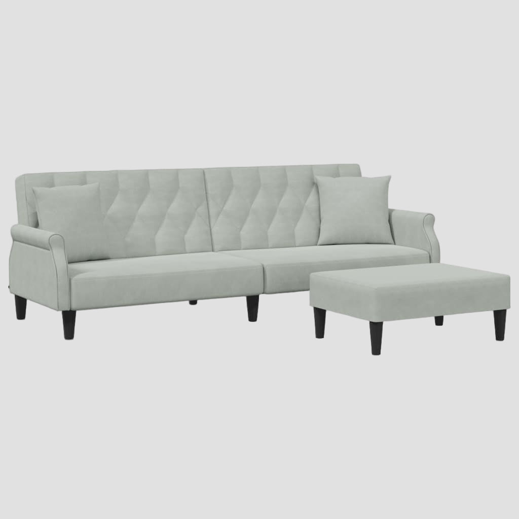 Canapé-lit à 2 places avec oreillers et repose-pied gris clair