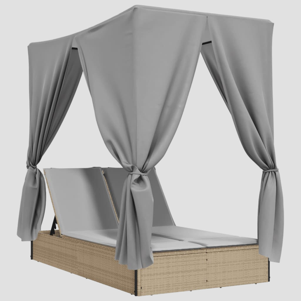 Chaise longue double avec toit et rideaux résine tressée