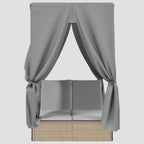 Chaise longue double avec toit et rideaux résine tressée