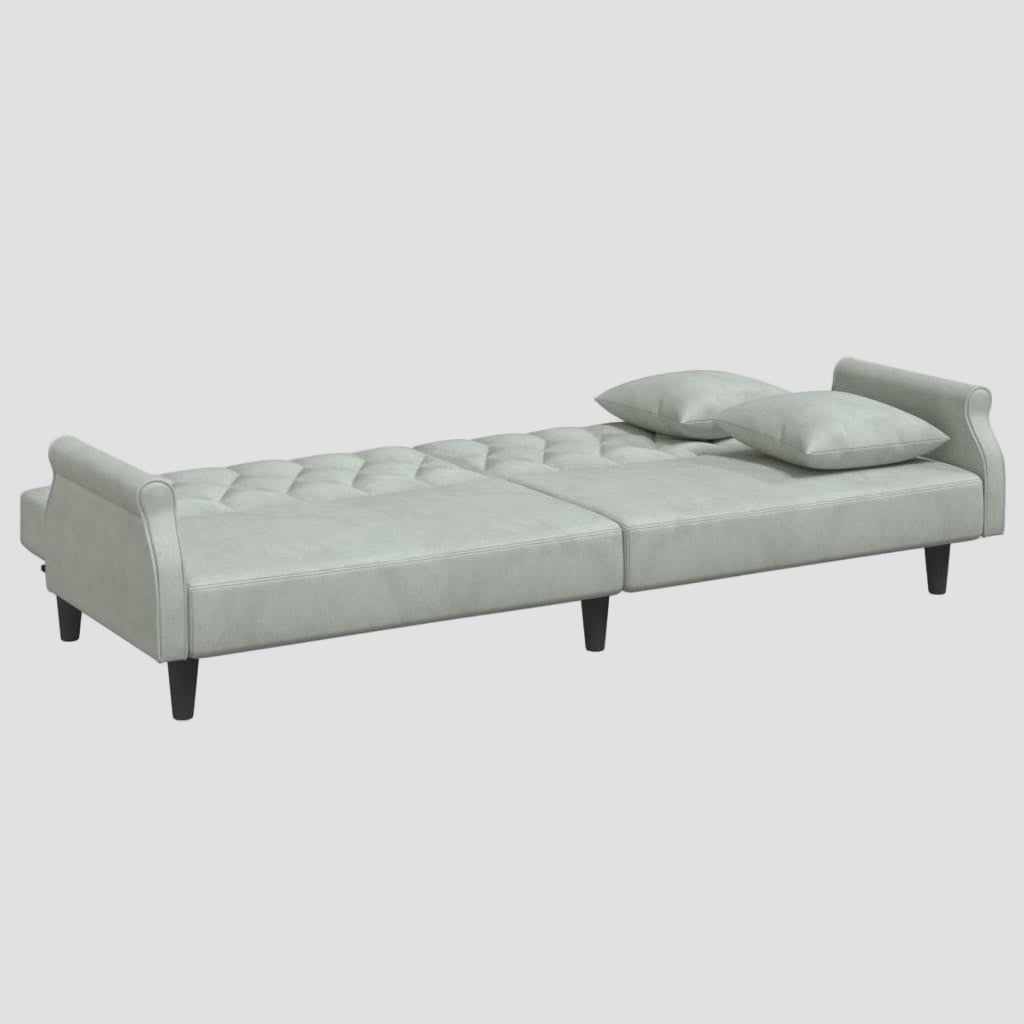 Canapé-lit à 2 places avec oreillers et repose-pied gris clair