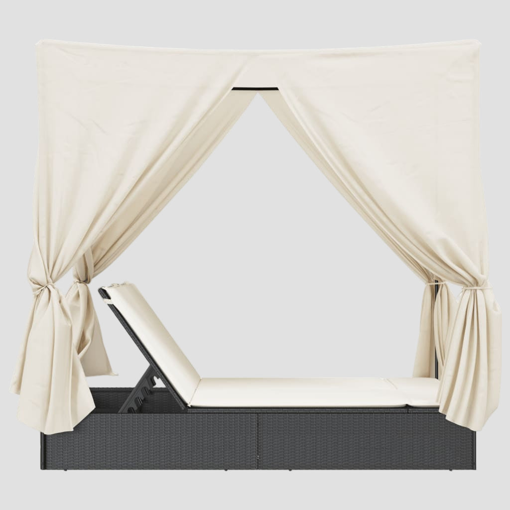 Chaise longue double avec toit et rideaux résine tressée