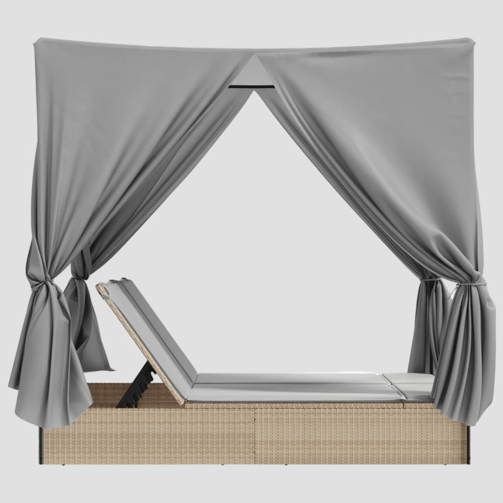 Chaise longue double avec toit et rideaux résine tressée