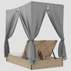 Chaise longue double avec toit et rideaux résine tressée