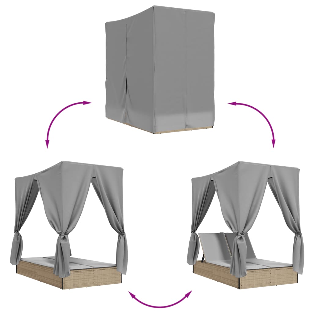 Chaise longue double avec toit et rideaux résine tressée